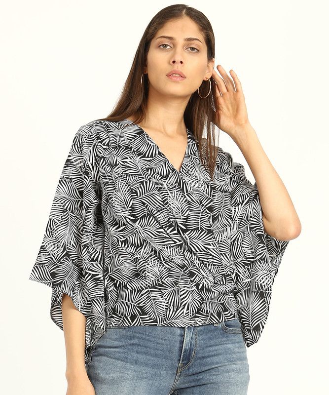 Casual Batwing Sleeves Printed Women Black Top