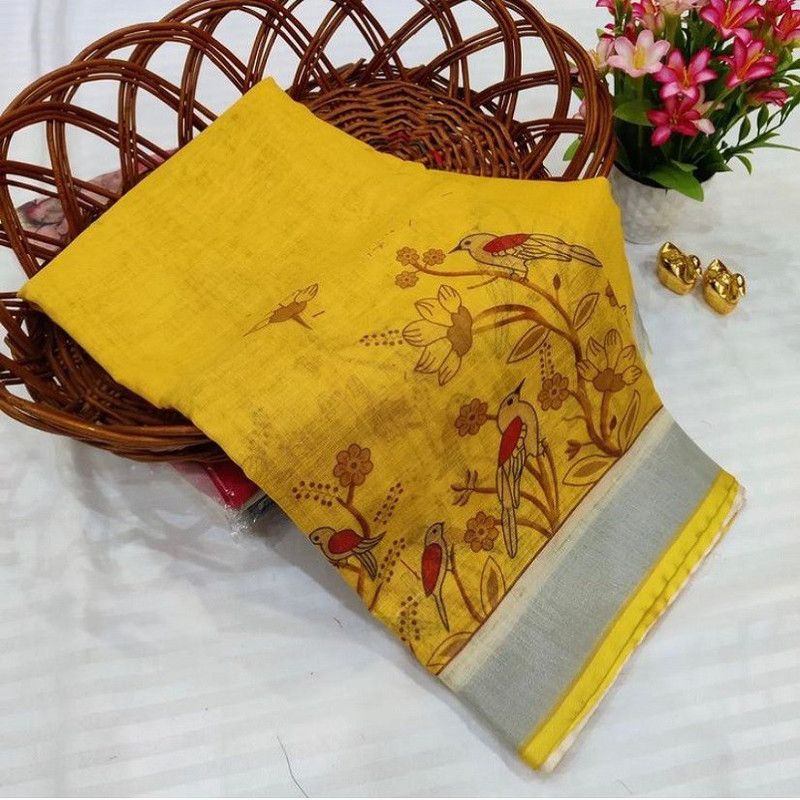 Fashion Cotton Linen Blend Saree  (Yellow)
