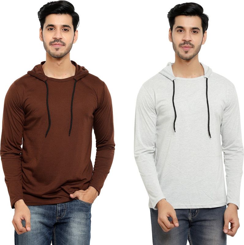 Pack of 2 HMT Men Solid Hooded Neck Cotton Blend Brown, Grey T-Shirt
