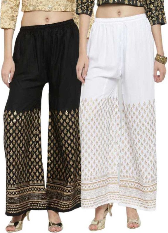 Pack of 2 Women Relaxed Black, White Viscose Rayon Trousers