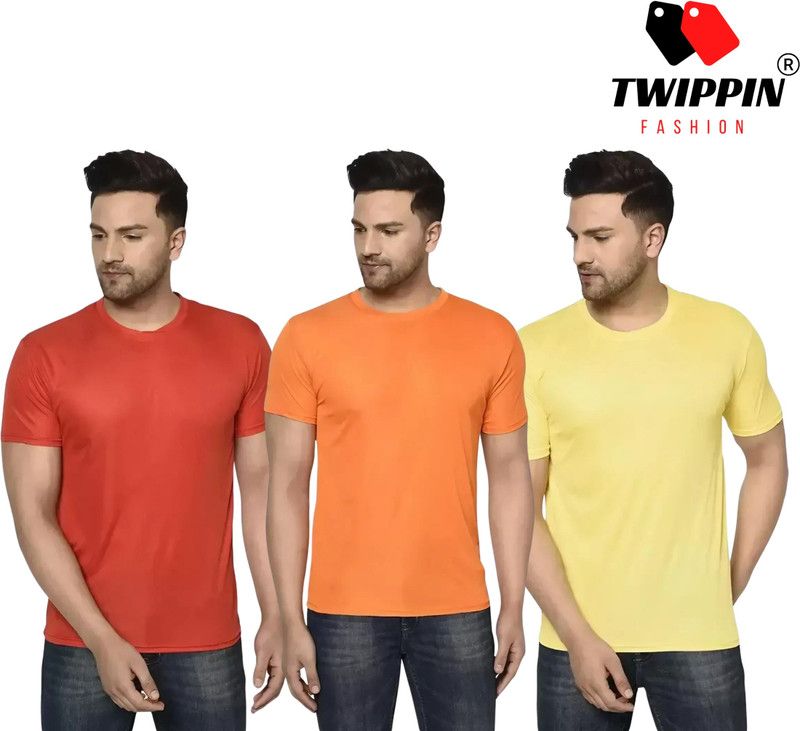 Pack of 3 Men Solid Round Neck Polyester Red, Orange, Yellow T-Shirt