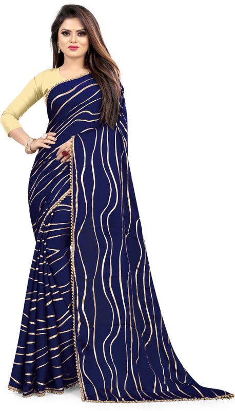 Striped Leheria Satin Saree  (Dark Blue)
