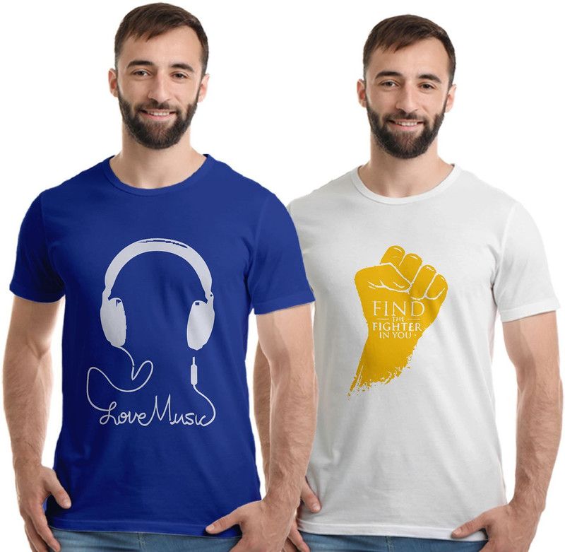 Pack of 2 Men Printed Round Neck Pure Cotton White, Blue T-Shirt