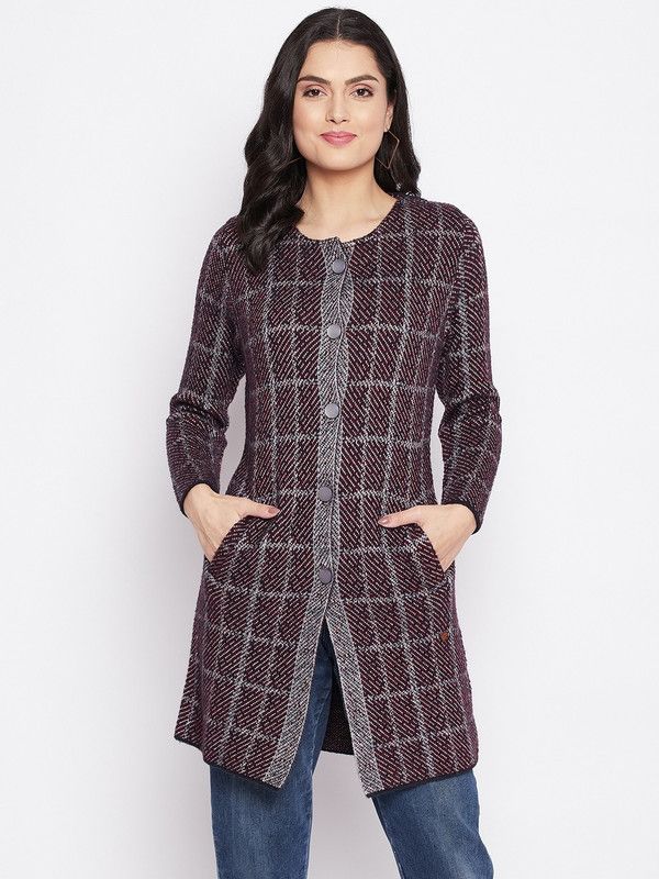 Women Checkered Round Neck Maroon Sweater