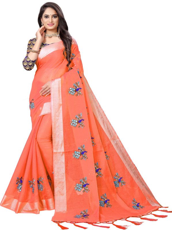 Woven Chanderi Cotton Blend Saree  (Orange)