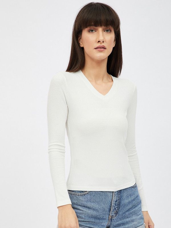 Women Solid V Neck Viscose Rayon White T-Shirt