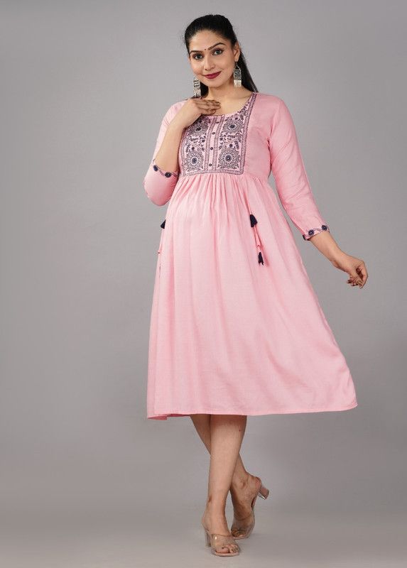 Women Embroidered Viscose Rayon Gown Kurta  (Pink)