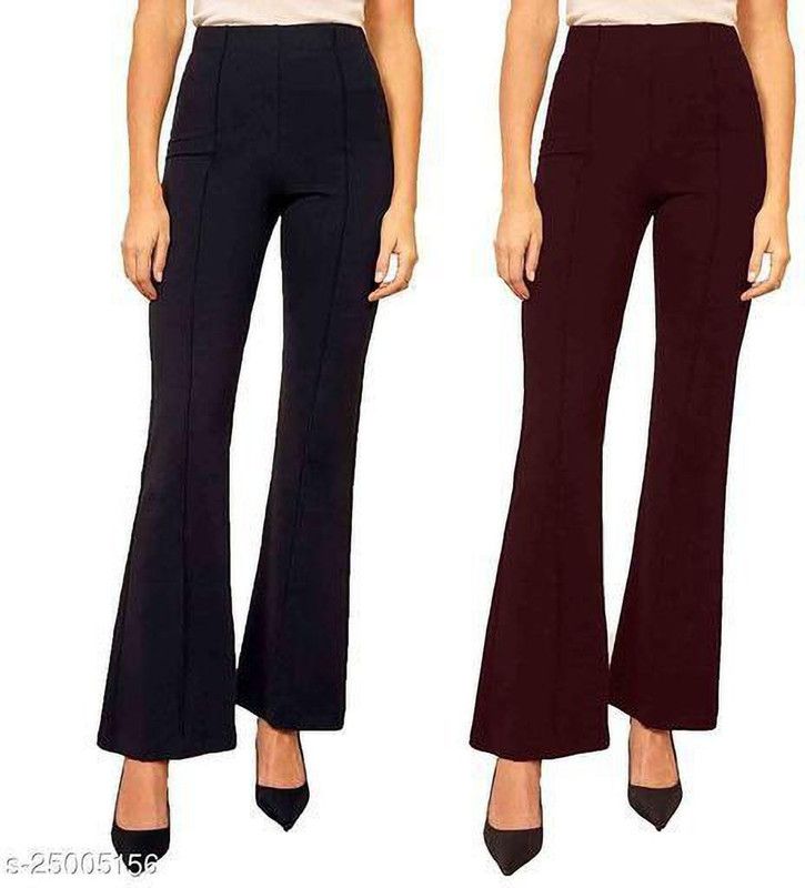 Pack of 2 Women Regular Fit Maroon, Black Cotton Blend Trousers