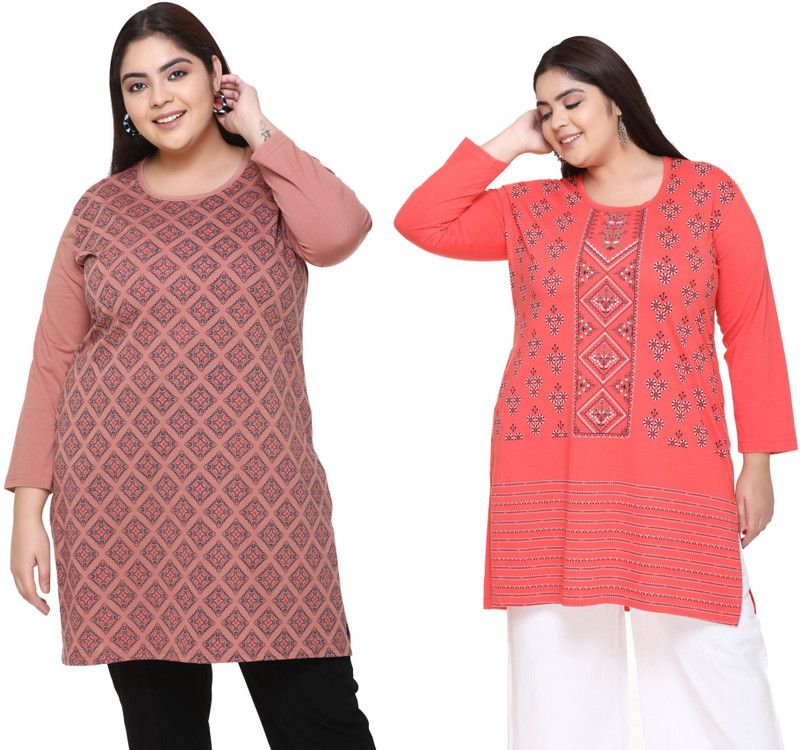 Women Printed Round Neck Poly Cotton Brown, Pink T-Shirt