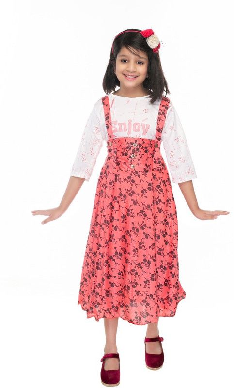 Dungaree For Girls Casual Floral Print Cotton Blend  (Pink, Pack of 1)