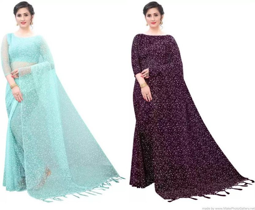Printed Daily Wear Net Saree  (Pack of 2, Light Blue, Maroon)
