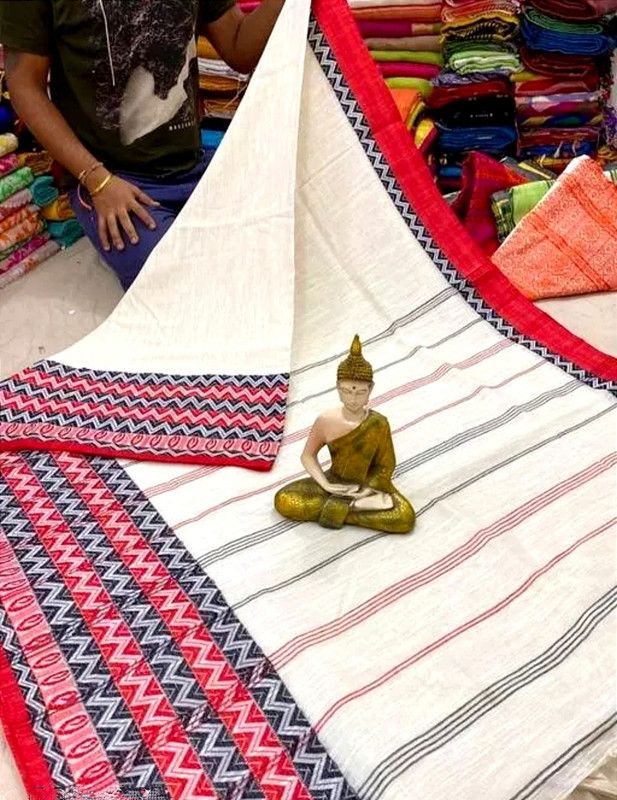 Hand Painted Daily Wear Cotton Blend Saree  (White)