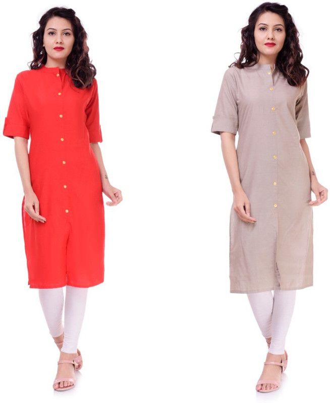 Pack of 2 Women Solid Cotton Blend Straight Kurta  (Green, Yellow)