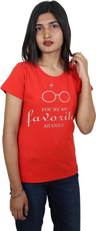 Muggle-1S-R Women Graphic Print Round Neck Reversible Cotton Blend Red T-Shirt