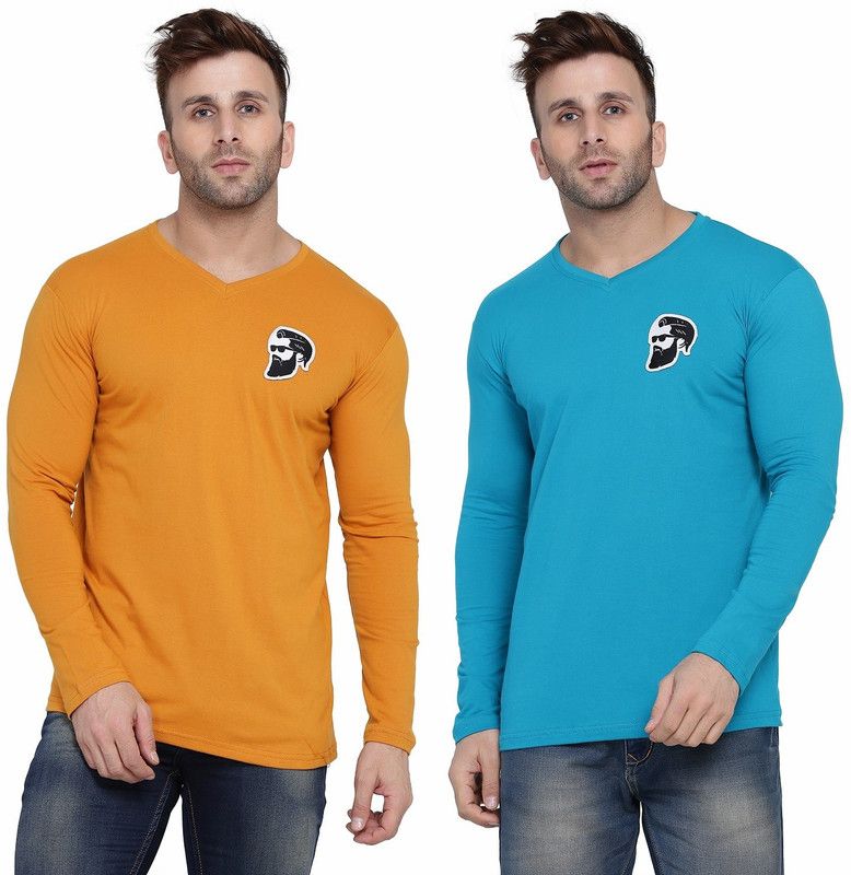 Pack of 2 Men Solid V Neck Cotton Blend Gold, Light Green T-Shirt
