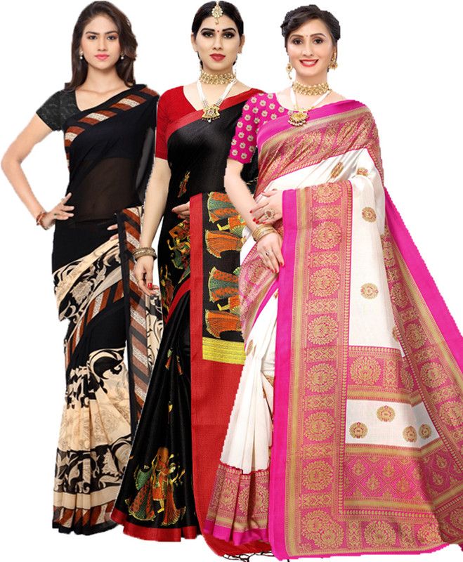 Printed Daily Wear Georgette Saree  (Pack of 3, Black, Red, Pink)