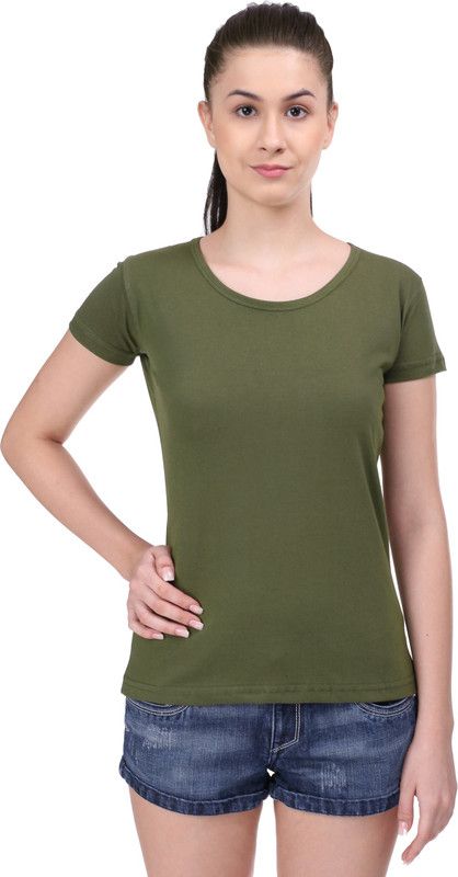 SOLID Women Solid Round Neck Pure Cotton Dark Green T-Shirt