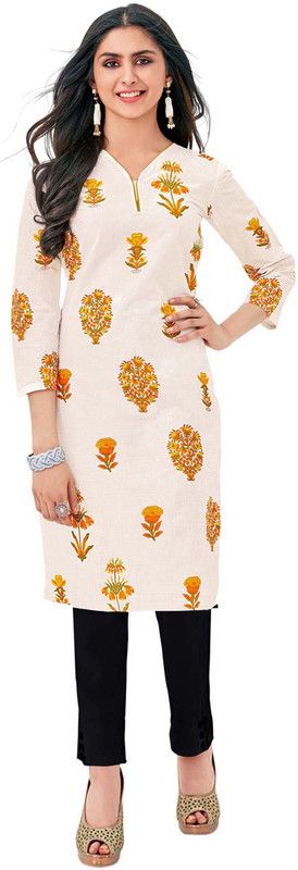 Women Printed, Solid Cotton Blend Straight Kurta  (Beige, Yellow)