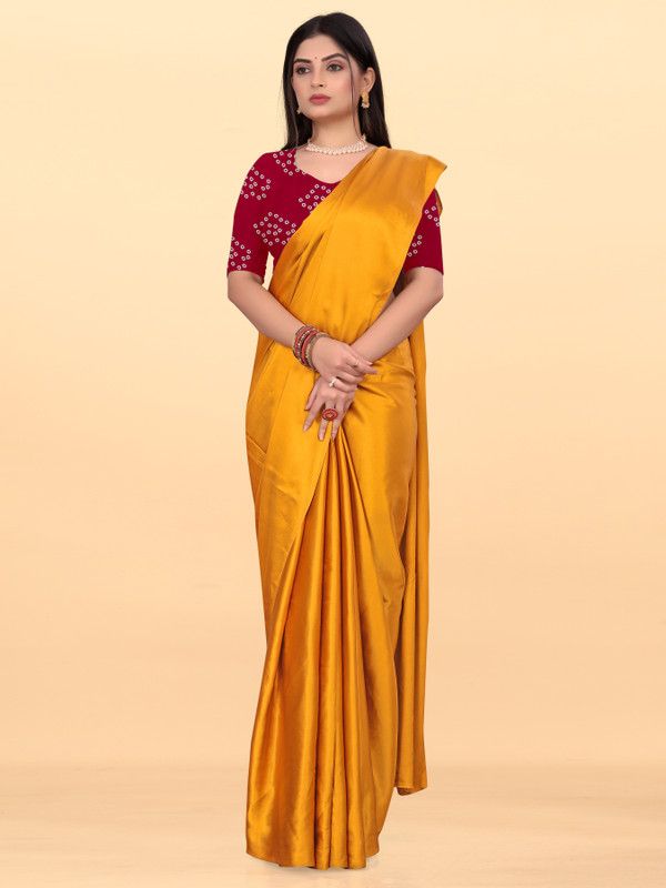 Solid/Plain Bandhani Satin Saree  (Mustard)