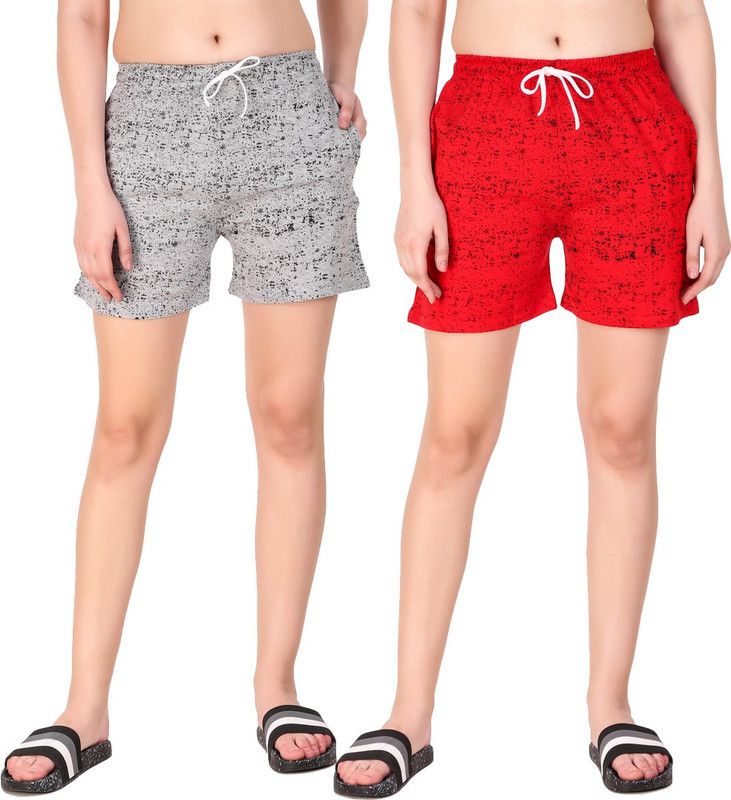 Pack of 2 Printed Women Grey, Red Regular Shorts