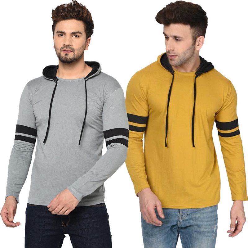 Pack of 2 MZM-FZN Men Solid Hooded Neck Cotton Blend Silver, Gold T-Shirt