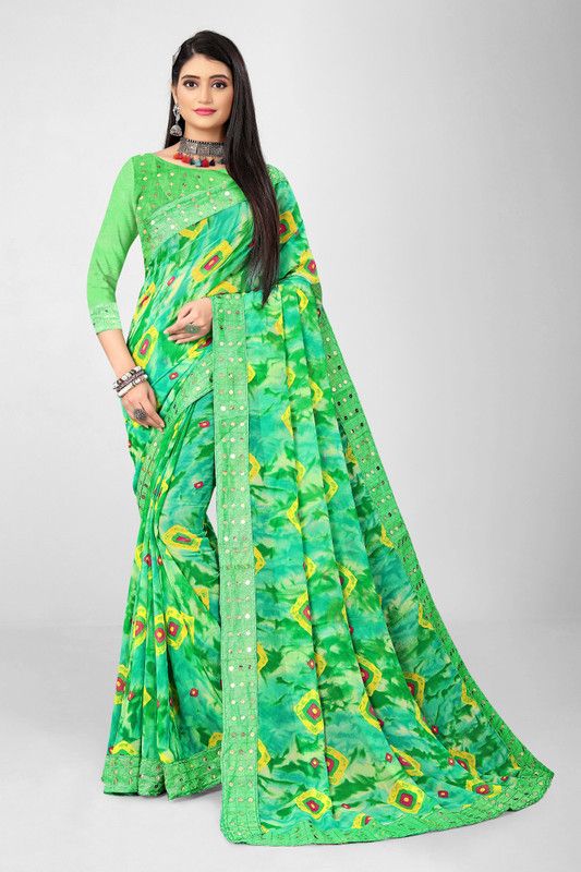 Applique Bandhani Georgette Saree  (Green)