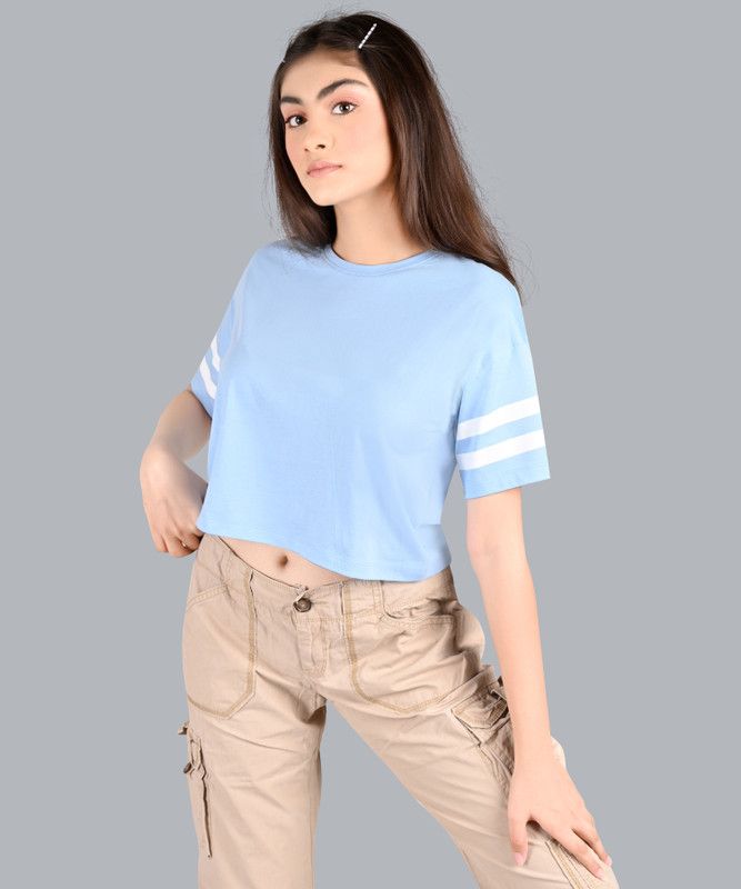 women t shirt, CROP TOP Women Striped Round Neck Pure Cotton Light Blue T-Shirt