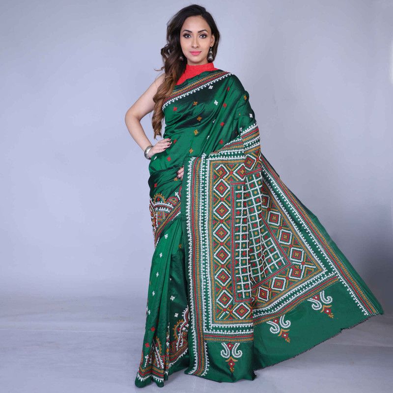 Embroidered Kantha Pure Silk Saree  (Green)