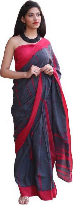 Printed, Self Design, Blocked Printed Bollywood Pure Cotton Saree  (Grey)