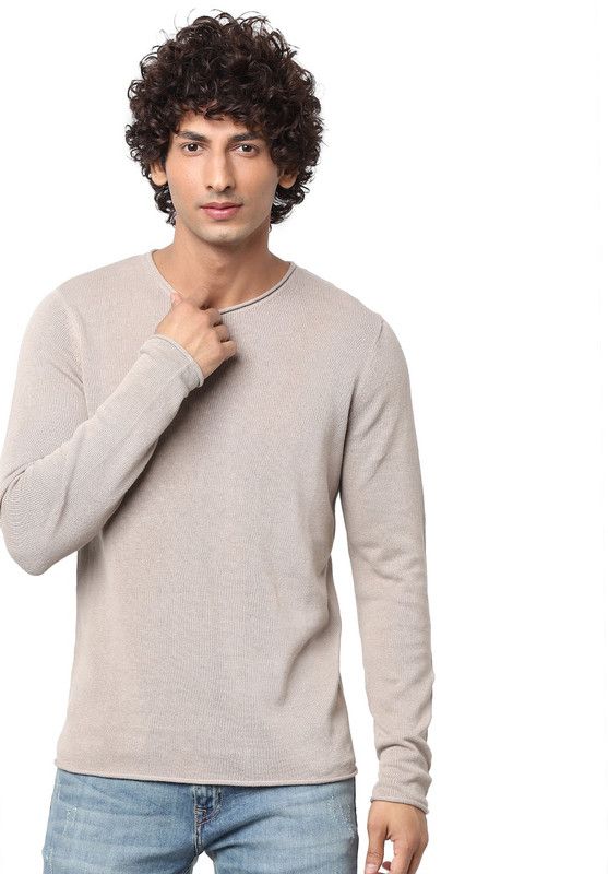 Men Solid Crew Neck Brown Sweater