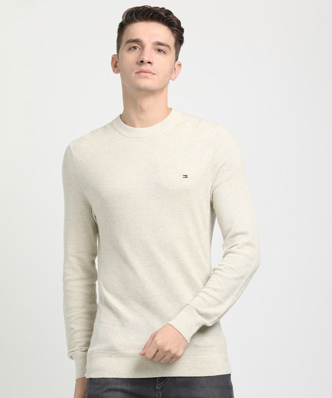 Men Woven Round Neck Beige Sweater