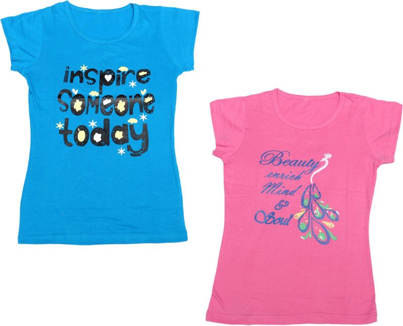 Girls Printed Cotton Blend T Shirt  (Light Blue, Pack of 2)