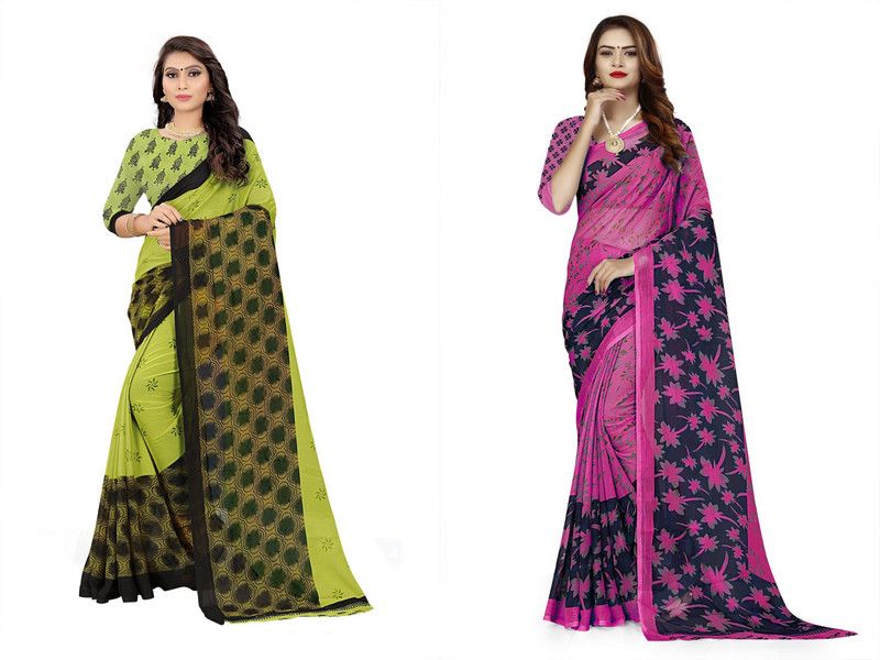 Printed Daily Wear Georgette Saree  (Pack of 2, Pink, Light Green)