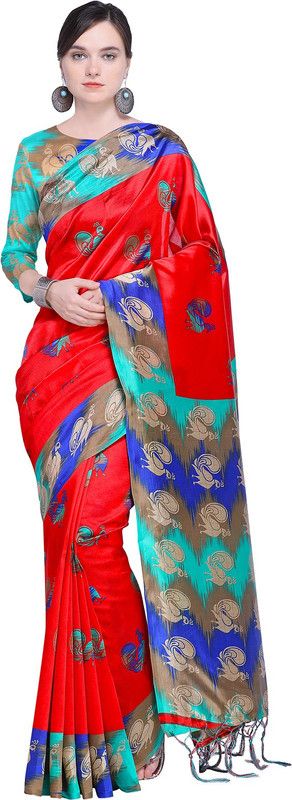 Printed Konrad Silk Blend Saree  (Red, Blue)