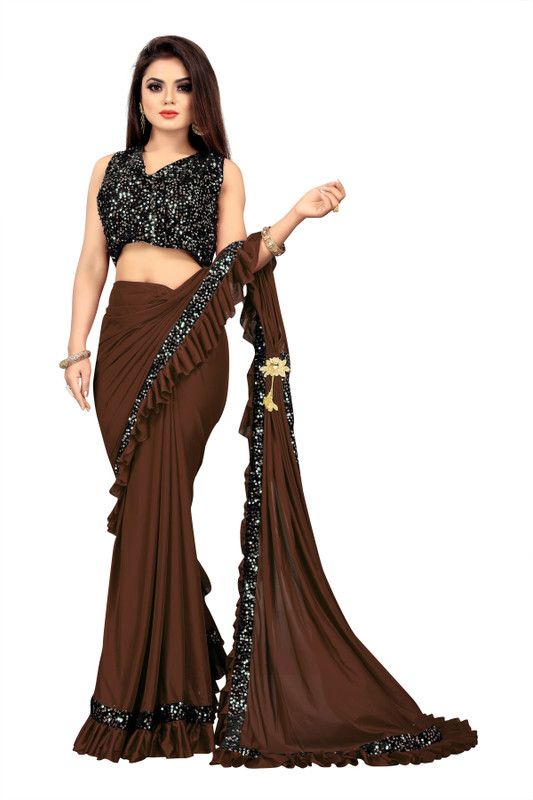 Embellished Fashion Lycra Blend Saree  (Brown)
