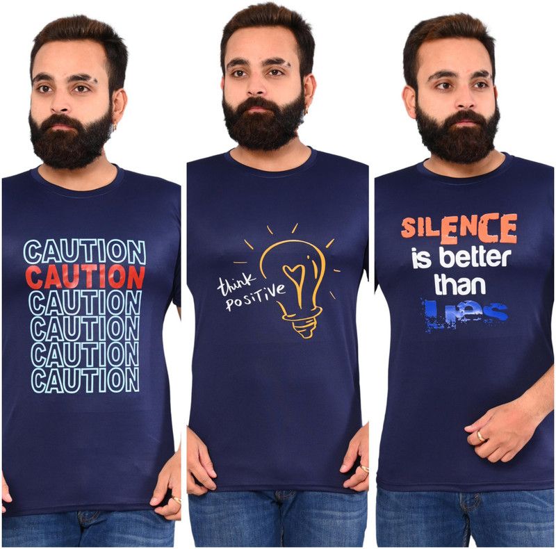 Pack of 3 sportwear Men Printed Round Neck Elastane White, Navy Blue T-Shirt