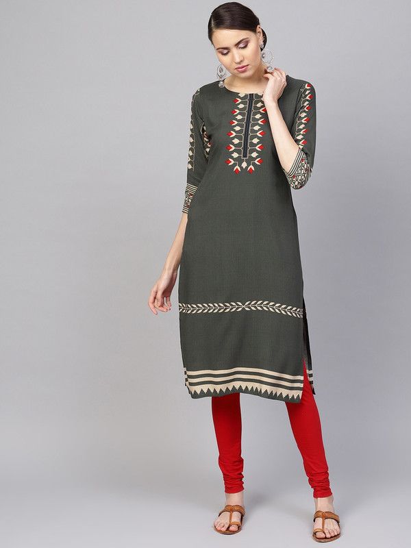 Women Printed Viscose Rayon Straight Kurta  (Dark Green, Red, Beige)