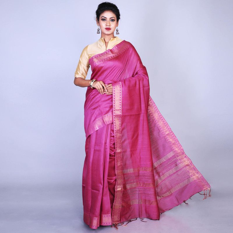 Solid/Plain Handloom Tussar Silk Saree  (Pink)