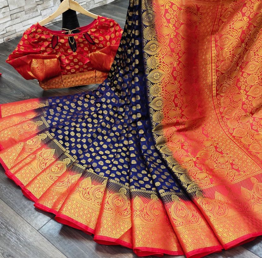 Woven Bollywood Jacquard, Art Silk Saree  (Dark Blue)