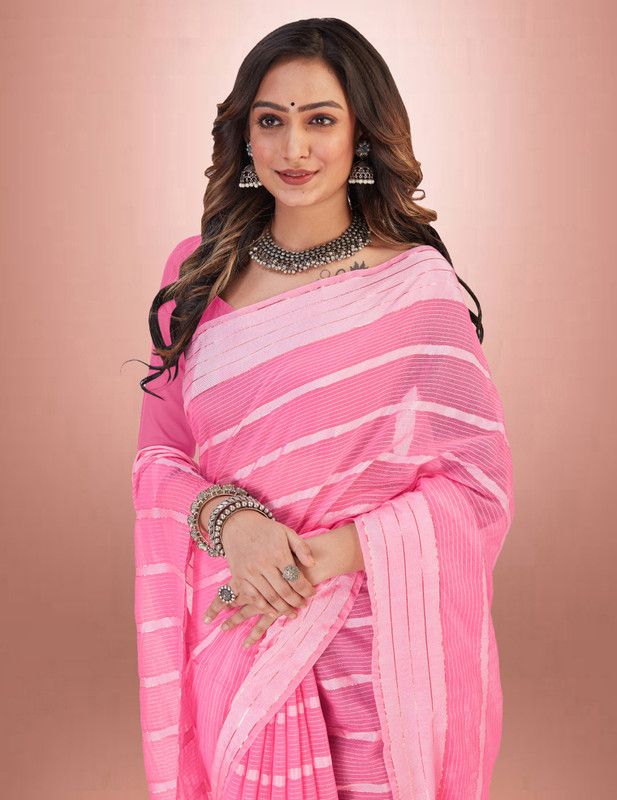 Self Design, Striped Banarasi Cotton Silk, Jacquard Saree  (Pink)