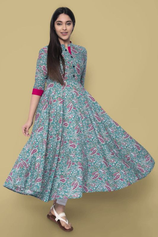 Women Floral Print Cotton Blend Flared Kurta  (Green)