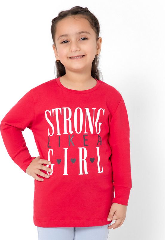 Girls Typography, Graphic Print Cotton Blend T Shirt  (Red, Pack of 1)