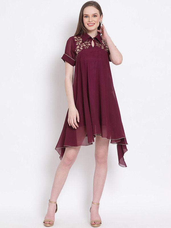 Women Asymmetric Maroon, Gold Dress