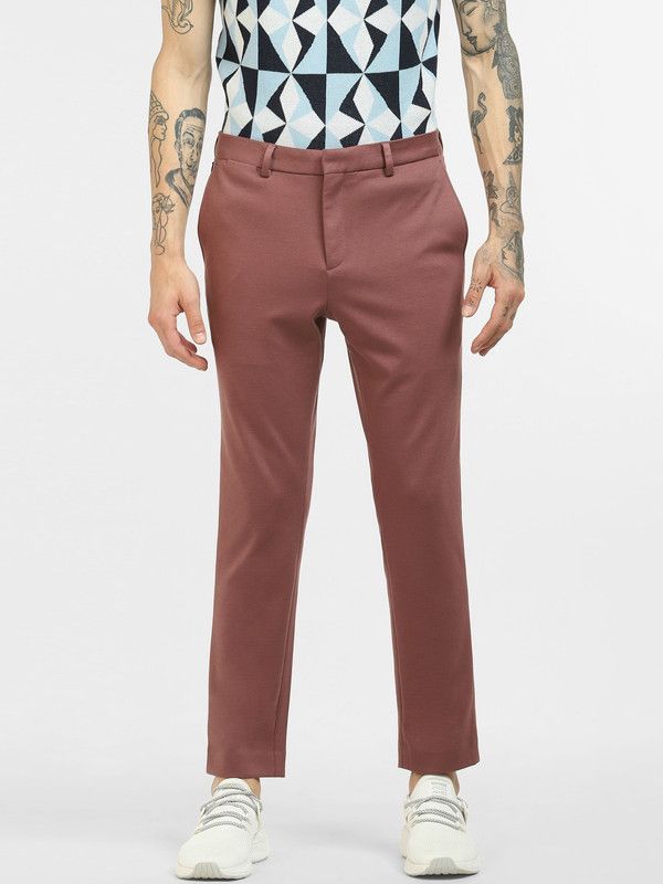 Men Slim Fit Pink Viscose Rayon Trousers