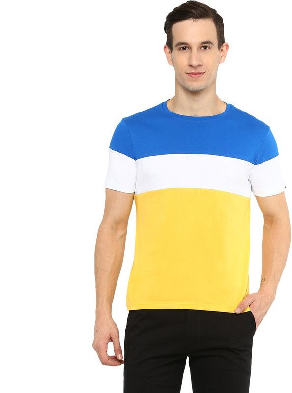 Men Colorblock Round Neck Cotton Blend White, Blue, Yellow T-Shirt