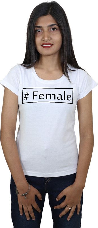 female Tees Women Printed Round Neck Cotton Blend White T-Shirt