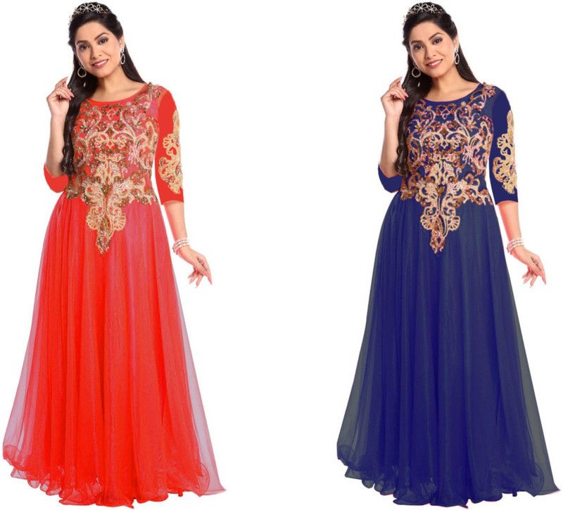 Net Semi Stitched Flared/A-line Gown  (Red, Blue)