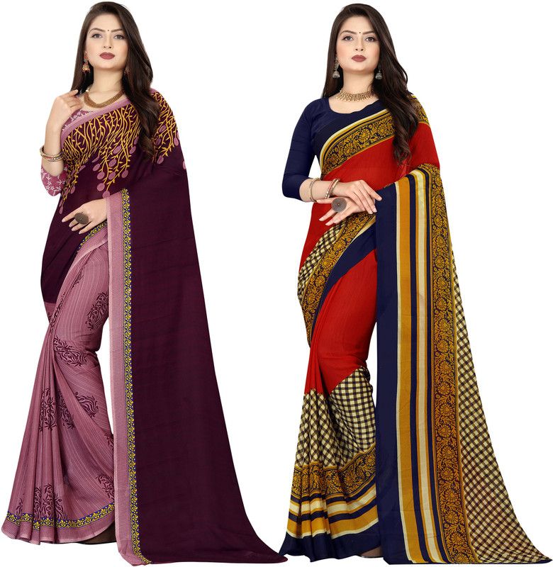 Daily Wear Georgette Saree  (Pack of 2, Purple, Red, Brown)