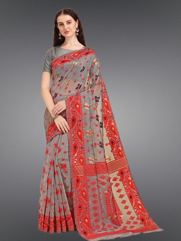 Self Design, Woven, Embellished Jamdani Muslin, Cotton Silk Saree  (Grey)