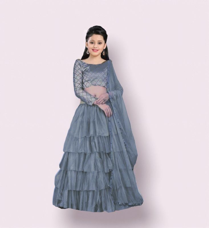 Baby Girls Lehenga Choli Party Wear Self Design Lehenga Choli  (Grey, Pack of 1)